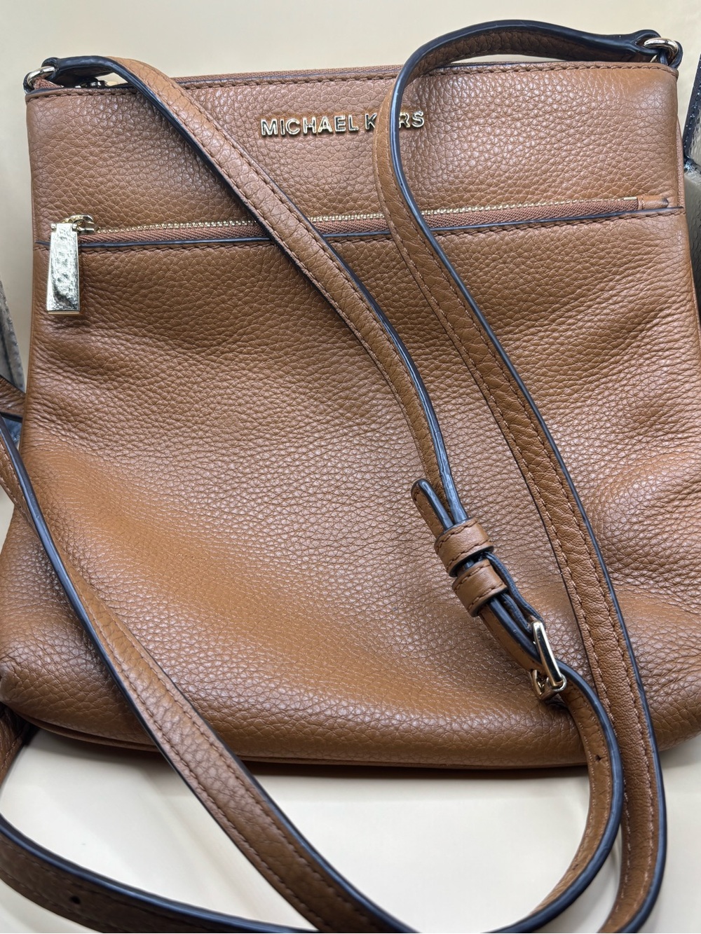 Michael Kors Riley Small Flat Brown Pebbled Leather Crossbody Bag